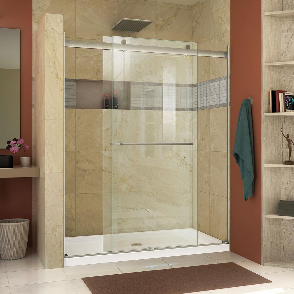 Essence 56 to 60 in. x 76 in. Semi-Frameless Sliding Shower Door in Brushed Nickel - Super Arbor