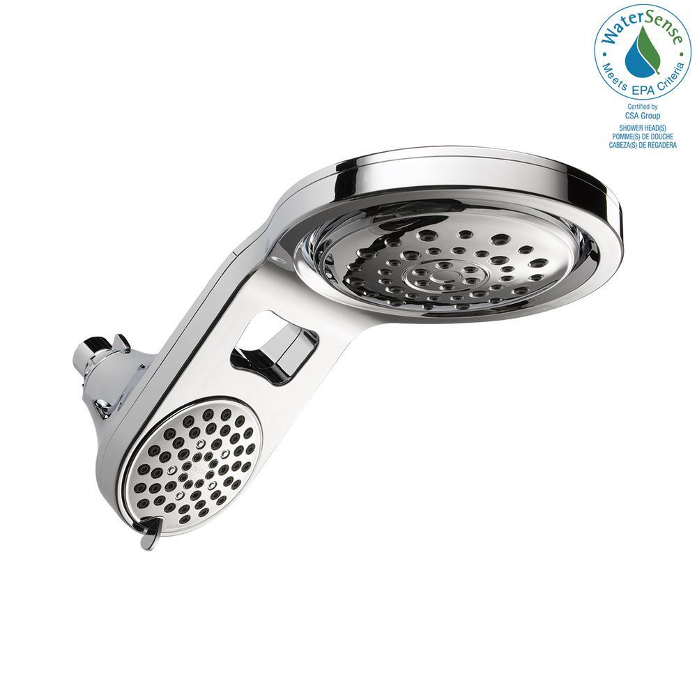 HydroRain Two-in-One 5-Spray 7.9 in. Double Wall Mount Fixed Shower Head in Chrome - Super Arbor