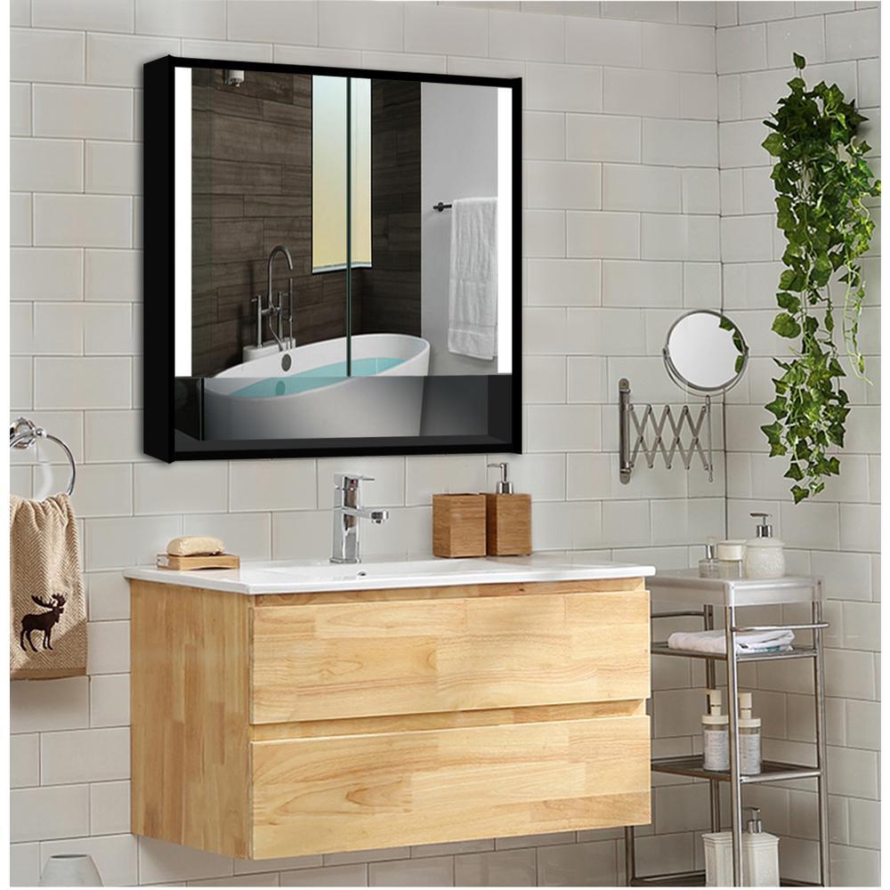 Edgar 31.5 in. W x 27.5 in. H x 5.25 in. D Lighted Impressions Surface-Mount LED Mirror Medicine Cabinet in Aluminum - Super Arbor