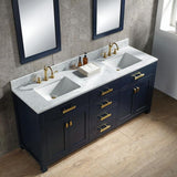 Madison 72 in. Bath Vanity in Monarch Blue with Carrara White Marble Vanity Top with White Basins
