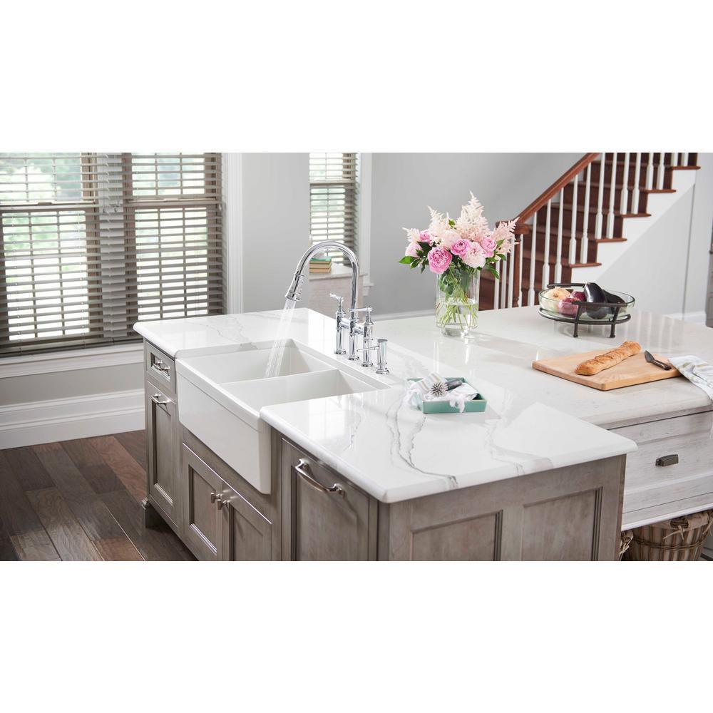 Explore Farmhouse Apron Front Fireclay 33 in. Double Bowl Kitchen Sink in White - Super Arbor