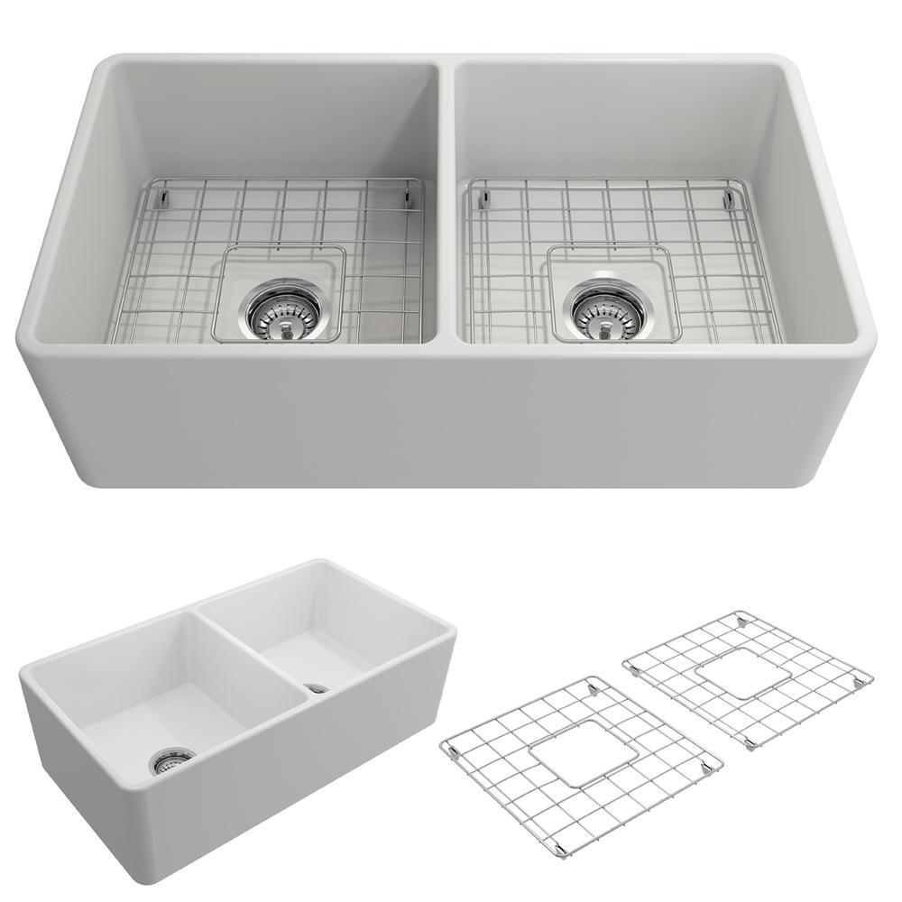 Classico Farmhouse Apron Front Fireclay 33 in. Double Bowl Kitchen Sink with  Bottom Grid and Strainer in White - Super Arbor