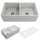 Classico Farmhouse Apron Front Fireclay 33 in. Double Bowl Kitchen Sink with  Bottom Grid and Strainer in White - Super Arbor
