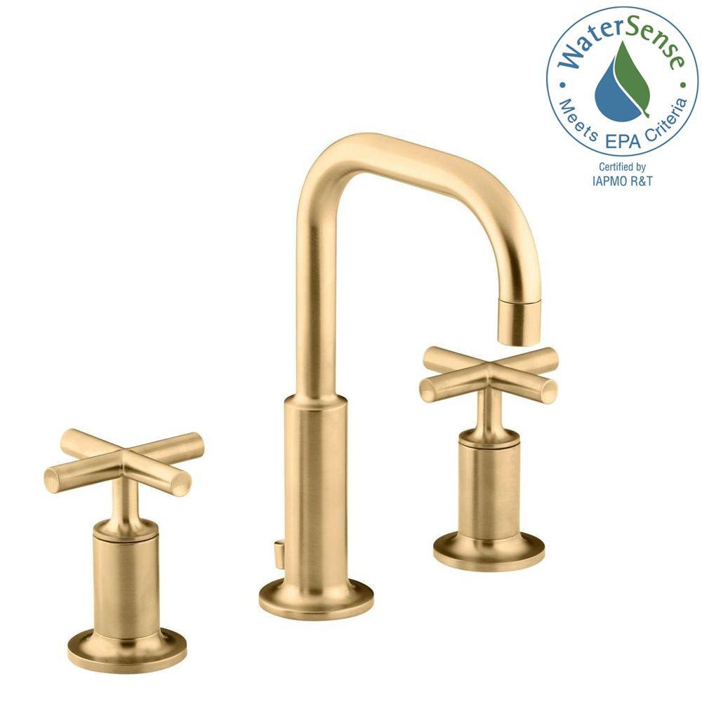 Purist 8 in. Widespread 2-Handle Mid-Arc Bathroom Faucet in Vibrant Modern Brushed Gold - Super Arbor