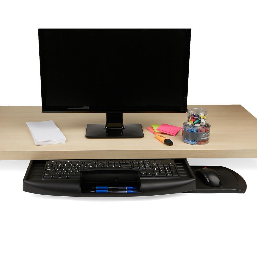 Under Desk Keyboard Holder with Closable Writing Utensil Compartment, Black - Super Arbor