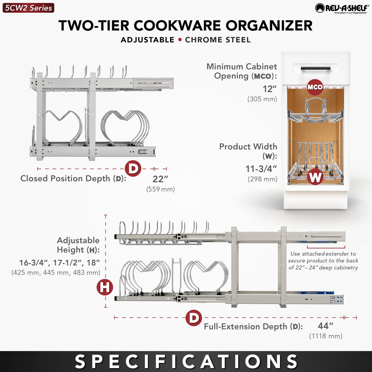 Rev-A-Shelf 11.75-in W x 18-in H Two-Tier Pull-Out Cookware Organizer with Soft-Close, Chrome