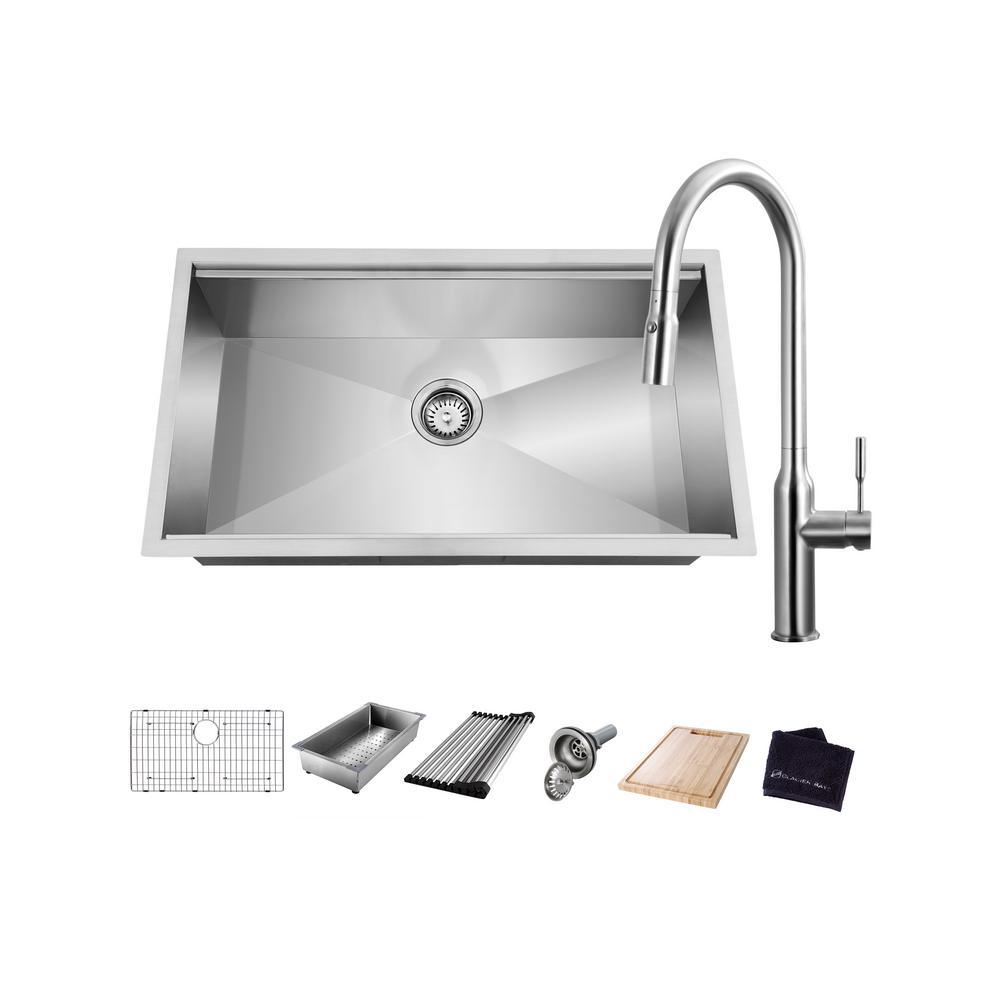All-in-One Undermount Stainless Steel 32 in. Single Bowl Kitchen Workstation Sink with Faucet and Accessories Kit - Super Arbor