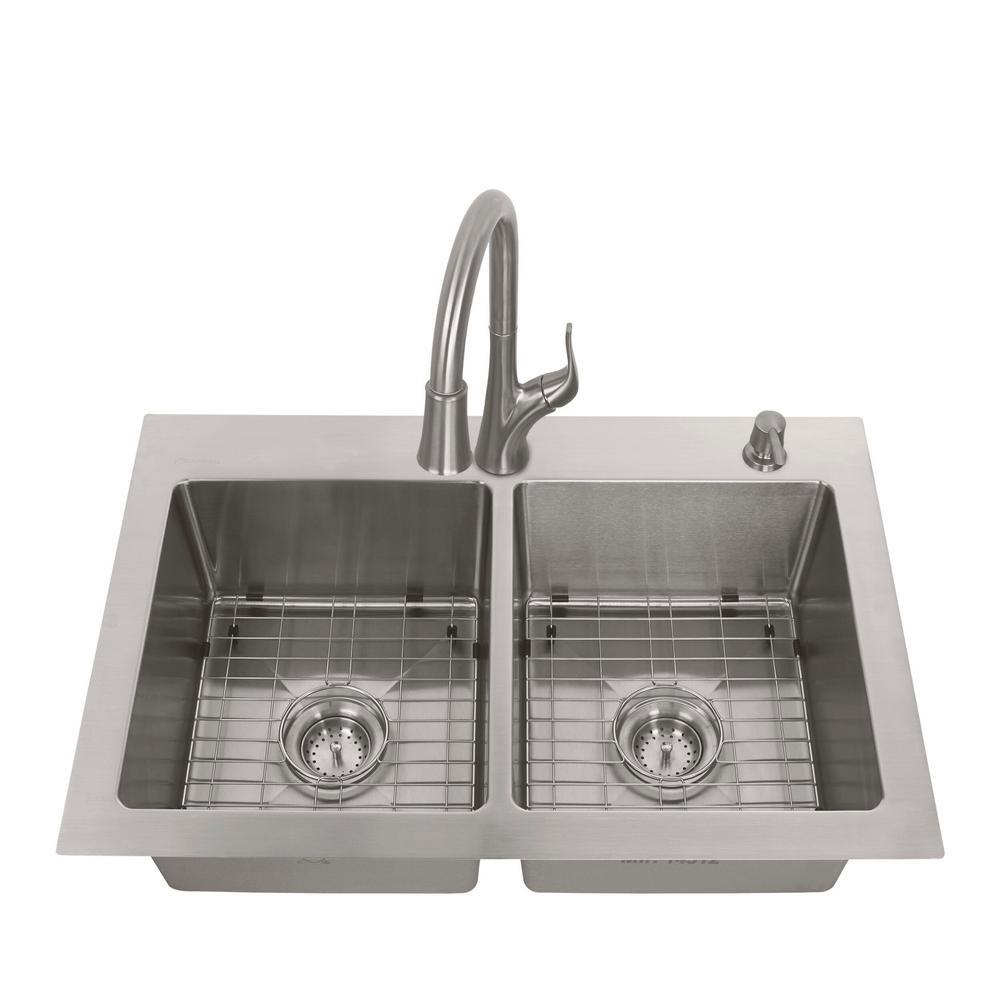All-in-One Tight Radius Stainless Steel 33 in. 18-Gauge 2-Hole Double Bowl Dual Mount Kitchen Sink with Pull Down Faucet - Super Arbor