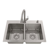 All-in-One Tight Radius Stainless Steel 33 in. 18-Gauge 2-Hole Double Bowl Dual Mount Kitchen Sink with Pull Down Faucet - Super Arbor