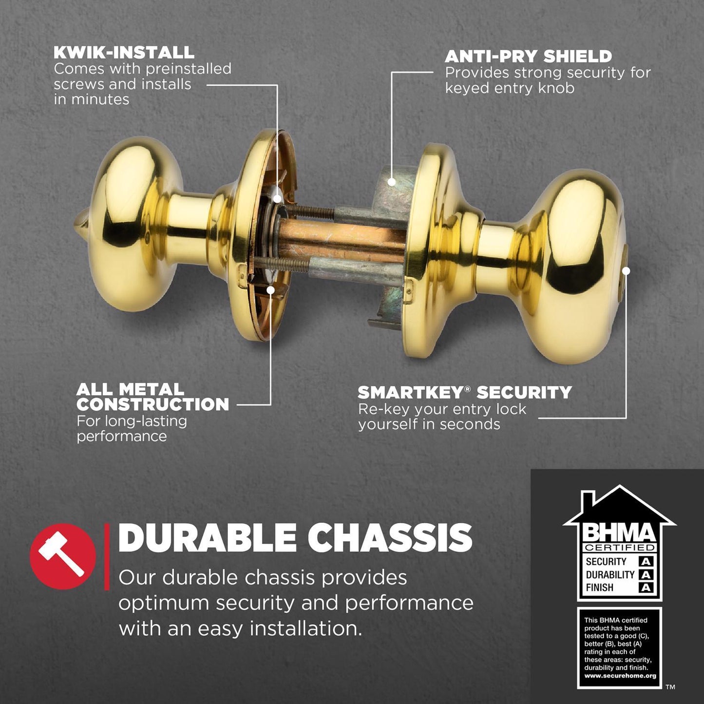 Kwikset SmartKey Juno Polished Brass Entry Lockset, ANSI/BHMA Grade 2, KW1, 1-3/4 in.