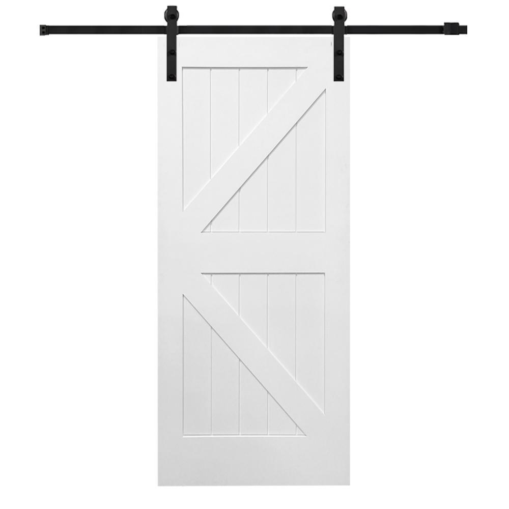 36 in. x 84 in. Primed Composite K-Plank Barn Door with Matte Black Hardware Kit - Super Arbor