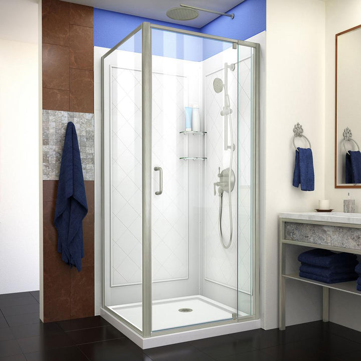 Flex 36 in. x 36 in. x 76.75 in. Framed Corner Pivot Shower Kit in Brushed Nickel with Shower Base in White - Super Arbor