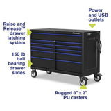 56 in. x 24 in. 11-Drawer Roller Cabinet Tool Chest with Power and USB Outlets in Black and Blue - Super Arbor