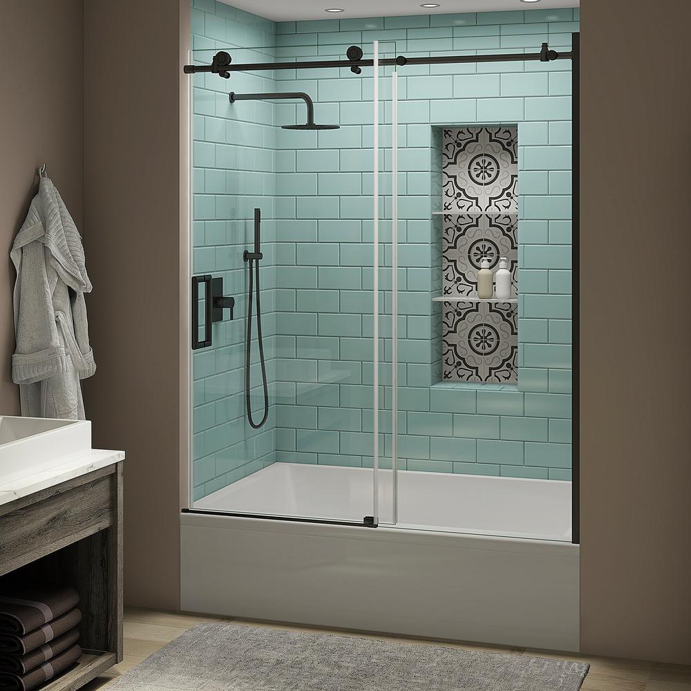 Coraline XL 56 - 60 in. x 70 in. Frameless Sliding Tub Door with StarCast Clear Glass in Stainless Steel, Left Opening - Super Arbor
