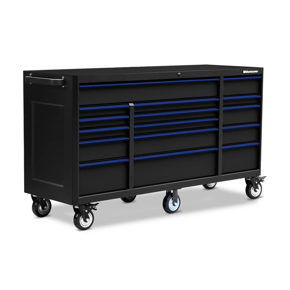 72 in. x 24 in. 16-Drawer Roller Cabinet Tool Chest with Power and USB Outlets in Black and Blue - Super Arbor