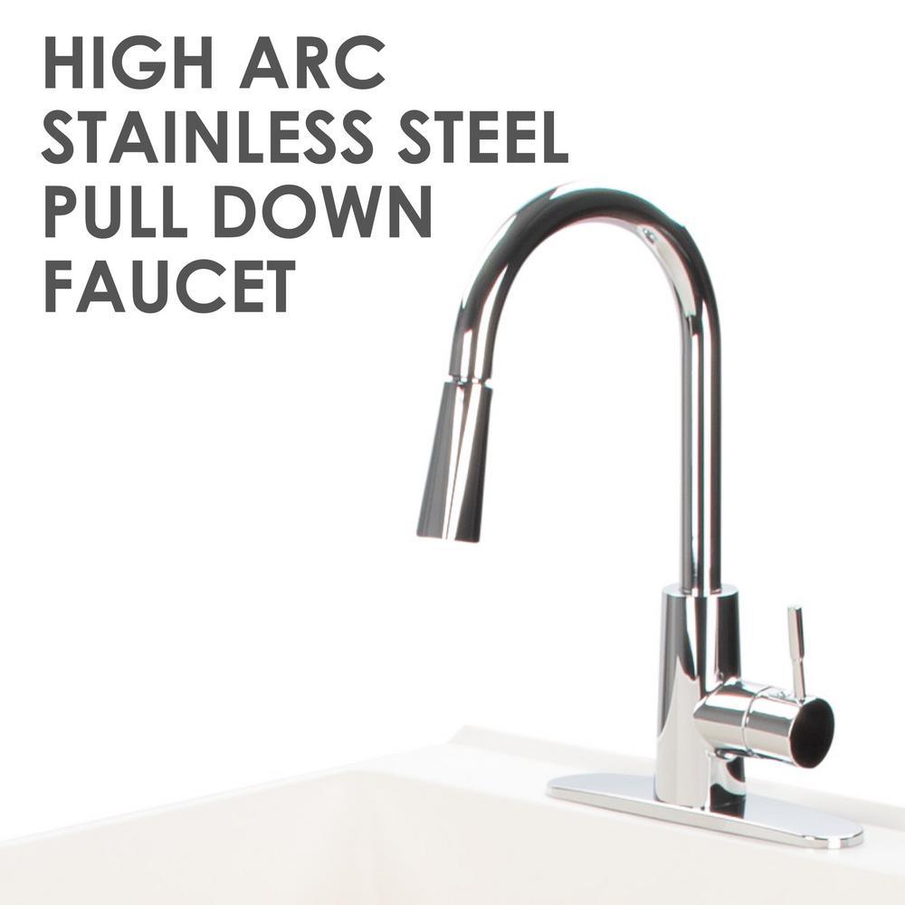 Complete 22.875 in. x 23.5 in. White 19 Gal. Utility Sink Set with Metal Hybrid Chrome High Arc Pull-Down Faucet - Super Arbor