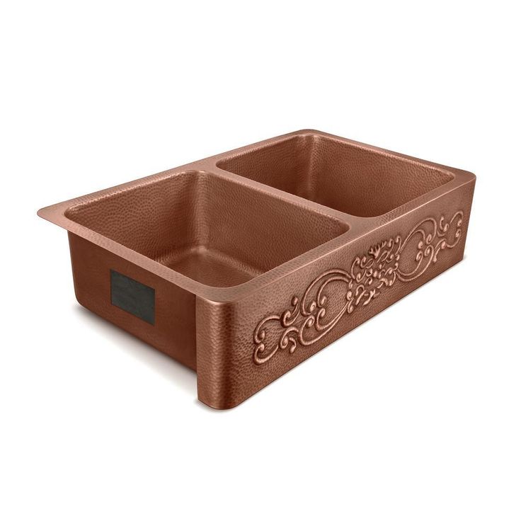 Renzen Farmhouse Apron-Front Handmade Copper 36 in. 50/50 Double Bowl Kitchen Sink in Antique Copper with Scroll Design