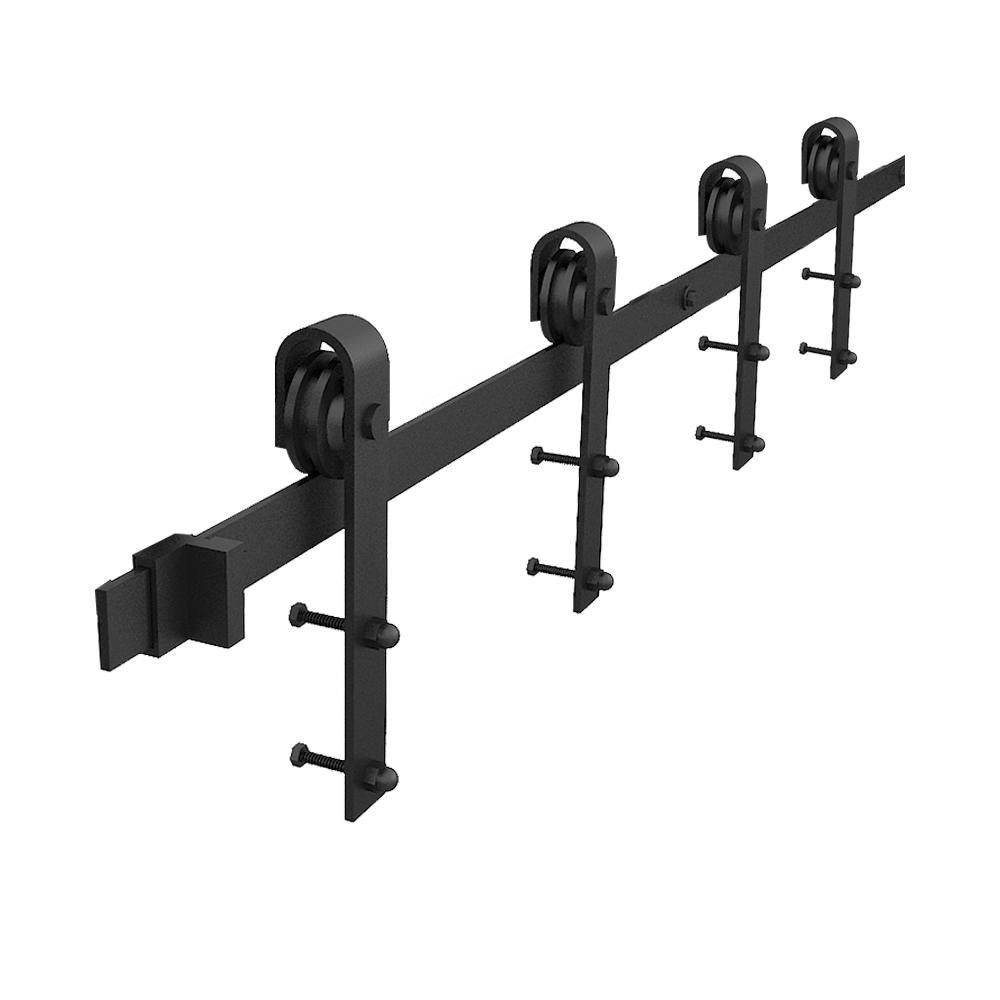 60 in. Frosted Black Sliding Barn Door Hardware Track Kit for Double Doors with Non-Routed Floor Guide - Super Arbor