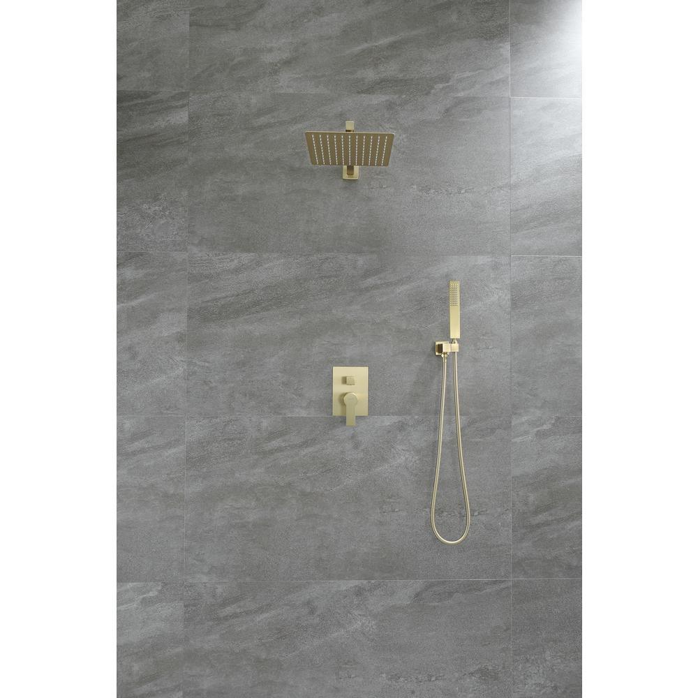 1-Spray Patterns with 2.66 GPM 10 in. Wall Mount Dual Shower Heads with Rough-In Valve Body and Trim in Brushed Gold - Super Arbor