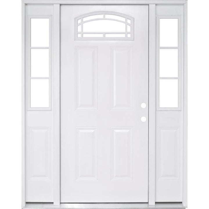 68 in. x 80 in. Camber Top White Left-Hand 14 in. 3-Lite Sidelites Primed Steel Prehung Front Door with 4-9/16 in. Frame - Super Arbor