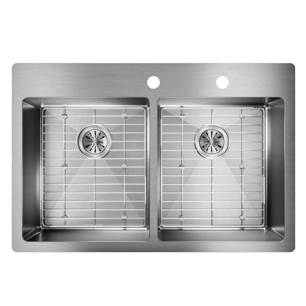 Crosstown Drop-In/Undermount Stainless Steel 33 in. 2-Hole Double Bowl Kitchen Sink with Bottom Grids - Super Arbor