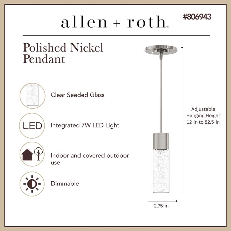 Style Selections Dunwynn Polished Nickel Modern/Contemporary Seeded Glass Cylinder LED Pendant Light