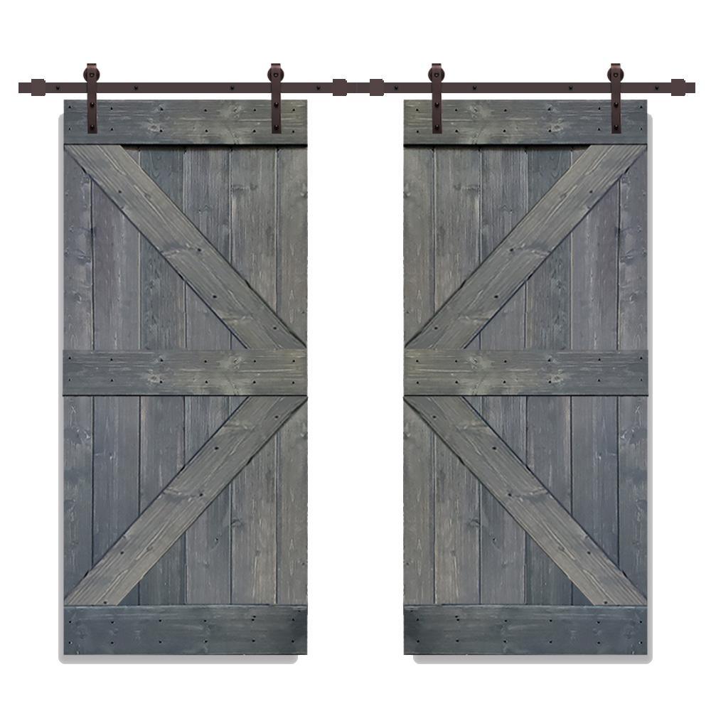 Distressed K Series 36 in. x 84 in. White Stained Solid Pine Wood Double Interior Sliding Barn Door with Hardware Kit - Super Arbor