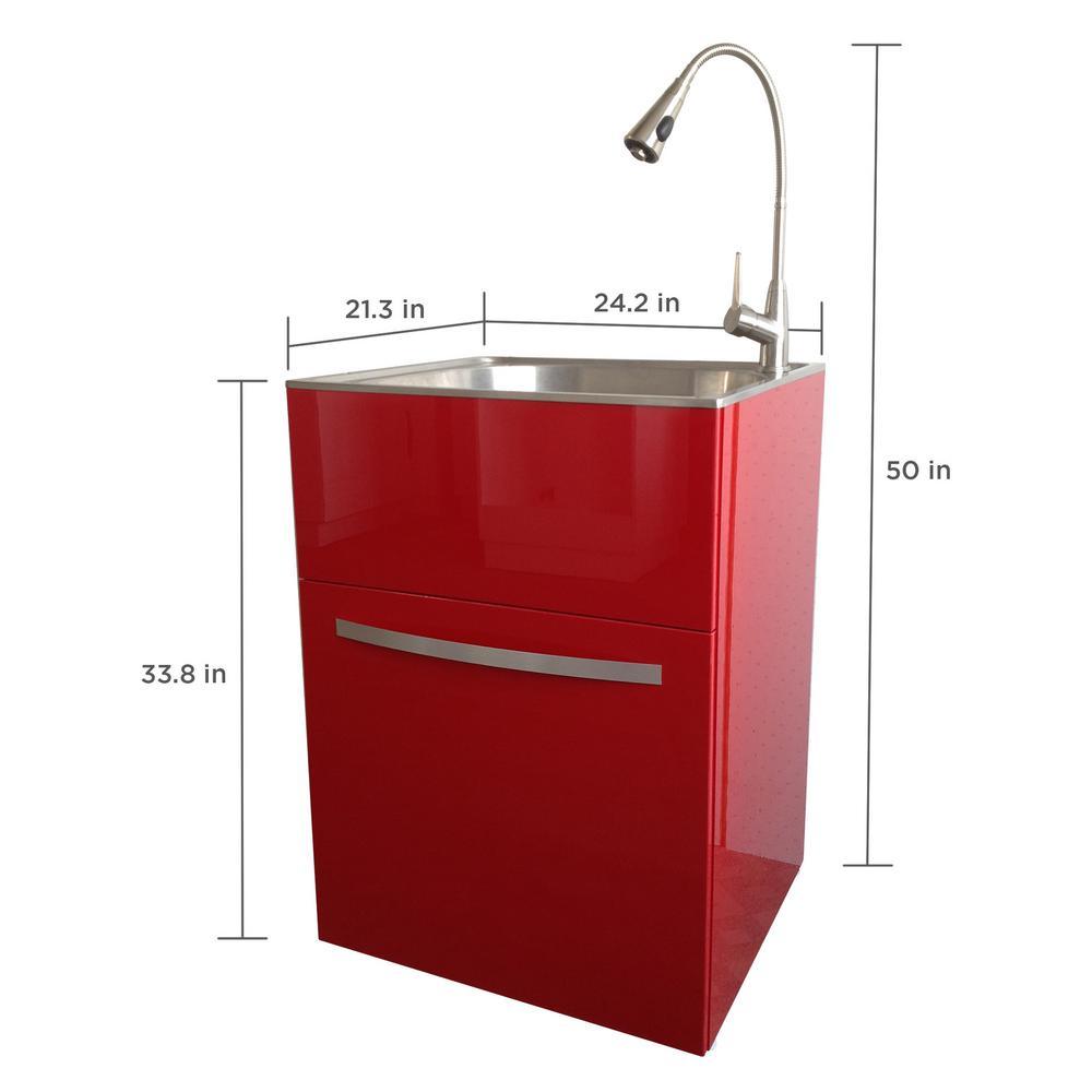 All-in-One 24.2 in. x 21.3 in. x 33.8 in. Stainless Steel Utility Sink and Large Empire Red Drawer Cabinet - Super Arbor