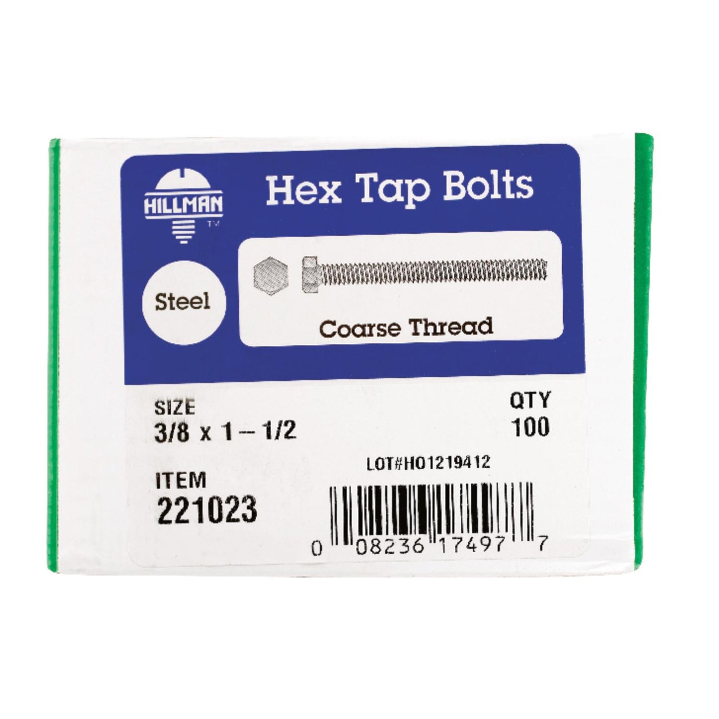 Hillman 3/8 in. Diameter x 1-1/2 in. Length Zinc-Plated Steel Hex Tap Bolts, Coarse Thread, 100-Pack