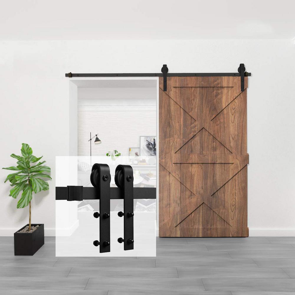 9 ft./108 in. Black Bent Strap Sliding Barn Door Track and Hardware Kit for Single Door with Floor Guide - Super Arbor