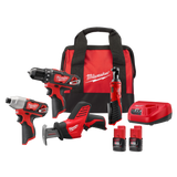 Milwaukee M12 12V Li-Ion Cordless 4-Tool Combo Kit with (2) 1.5Ah Batteries, Charger + PACKOUT Hole Saw Set (10‑Pc)