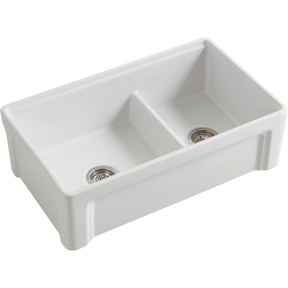 Tosca Farmhouse Fireclay 33 in. 60/40 Double Bowl Kitchen Sink in White with Cutting-Board, Bottom Grid and Strainer - Super Arbor