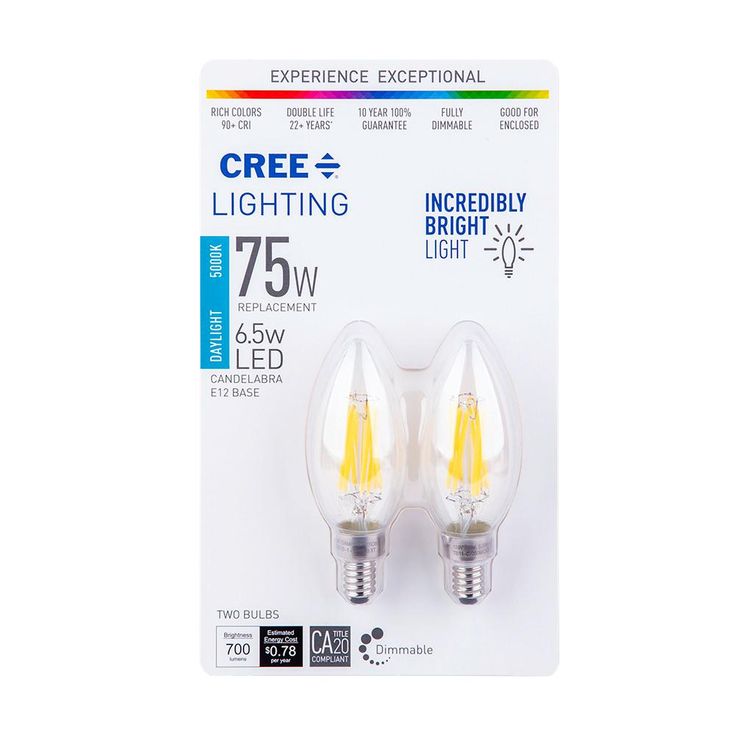Cree 75-Watt Equivalent B11 Candelabra High Brightness Exceptional Light Dimmable E12 LED Light Bulb Daylight (2-Pack)