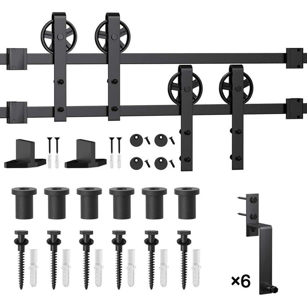 9 ft./108 in. Black Sliding Bypass Barn Door Hardware Track Kit for Double Doors with Non-Routed Floor Guide - Super Arbor