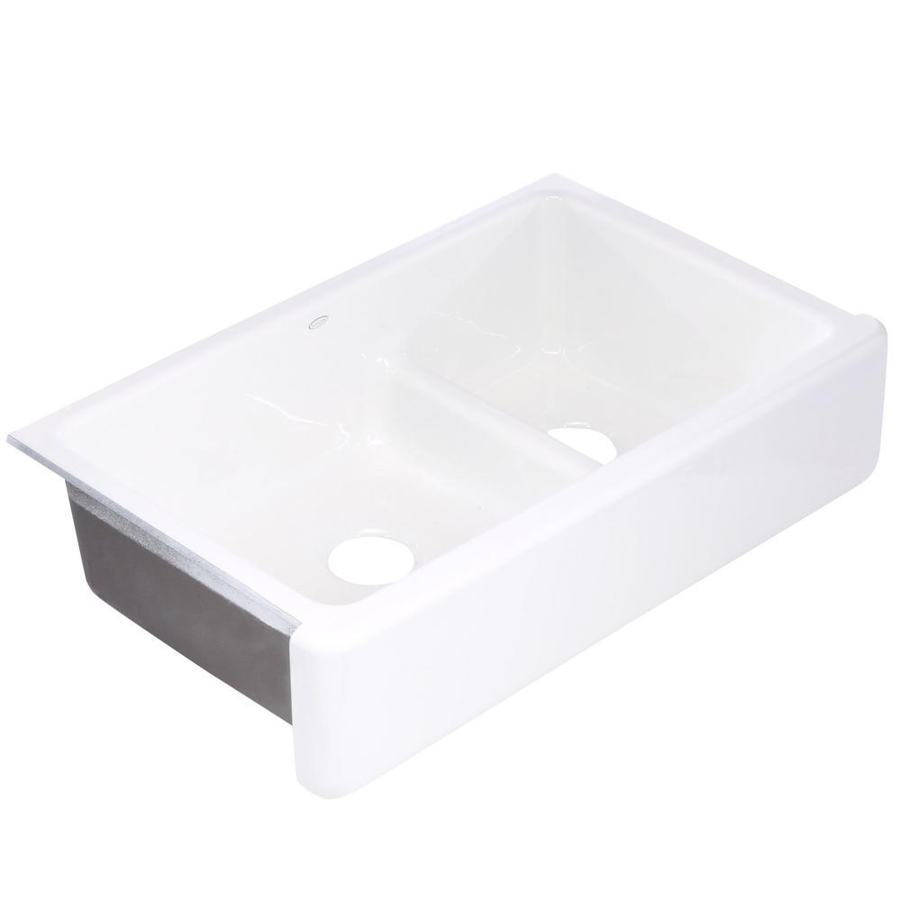 Whitehaven Smart Divide Self-Trimming Farmhouse Apron Front Cast Iron 36 in. Double Bowl Kitchen Sink in White - Super Arbor