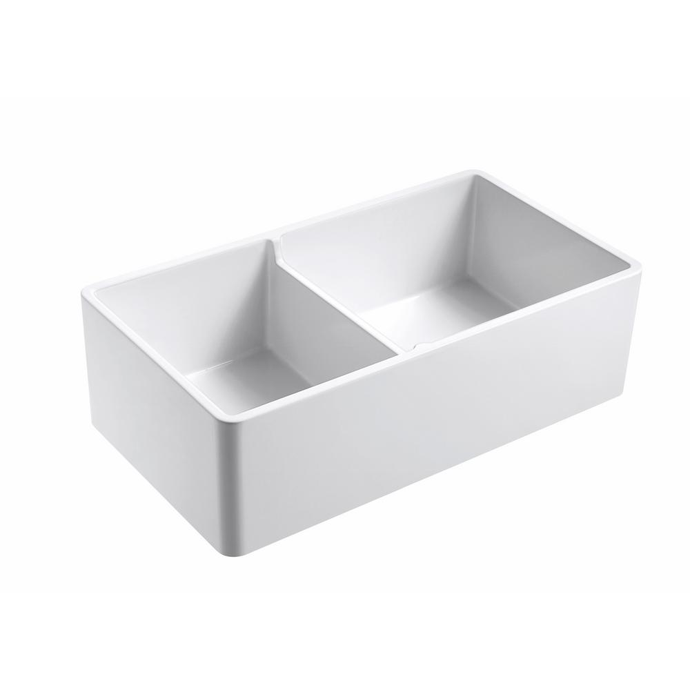 Sutton Place Farmhouse Fireclay 33 in. 55/45 Double Bowl Kitchen Sink with Grid with Grid and Strainer - Super Arbor