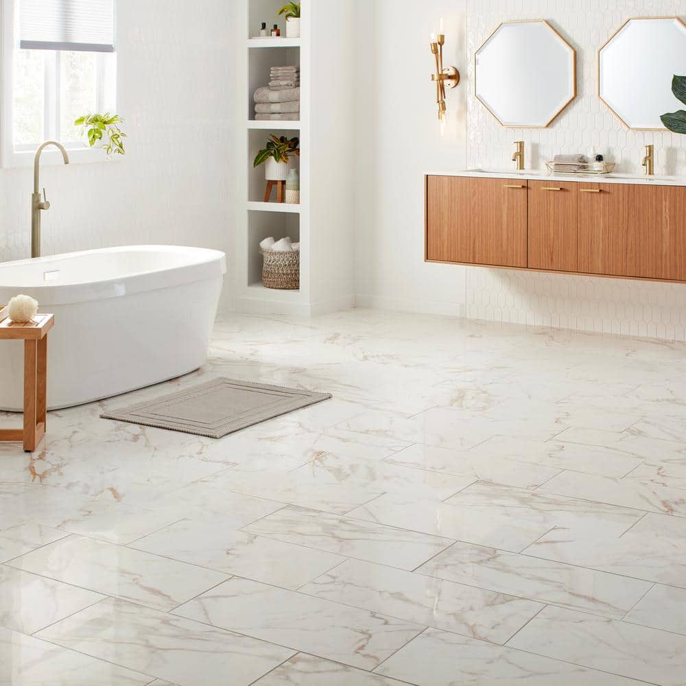 Daltile QuicTile 12 in. x 24 in. Panda Marble Polished Porcelain Locking Floor Tile (9.6 sq. ft. / case)