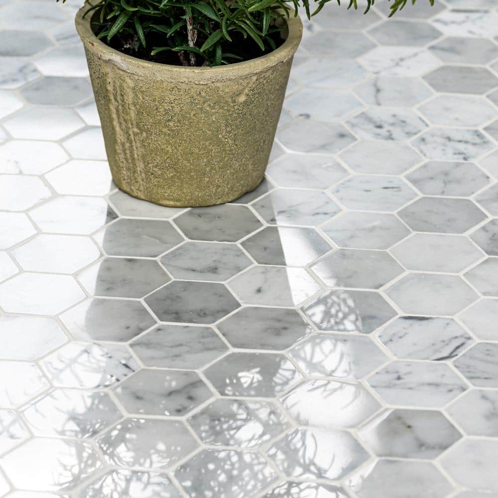 MSI Carrara White Hexagon 12 in. x 12 in. x 10 mm Polished Marble Mesh-Mounted Mosaic Floor and Wall Tile (10 sq. ft. / Case)