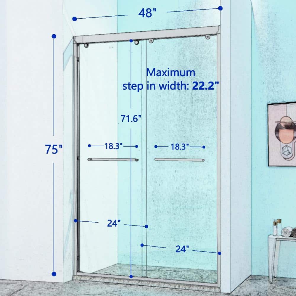 CASAINC 44-48 in. W x 75 in. H Double Sliding Aluminum Alloy Frame Shower Door in Chrome with 5/16 in. Clear Glass