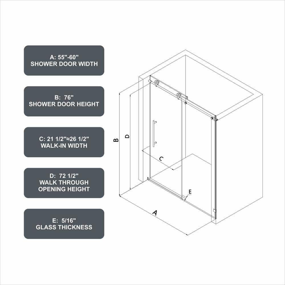 CASAINC 60 in. W x 76 in. H Frameless Shower Door Stainless Steel in Brushed Nickel with Adjustable Soft Closing Function