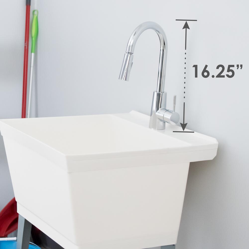 Complete 22.875 in. x 23.5 in. White 19 Gal. Utility Sink Set with Metal Hybrid Chrome High Arc Pull-Down Faucet - Super Arbor