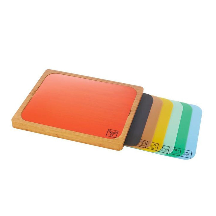 Bamboo Cutting Board with 7 Color-Coded Flexible Cutting Mat Set with Food Icons