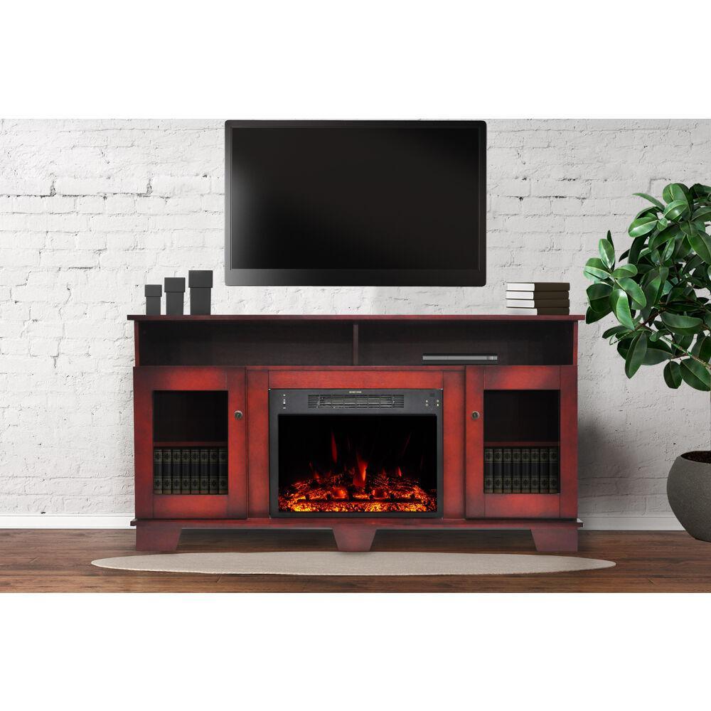 Savona 59 in. Electric Fireplace Heater TV Stand in Cherry with Enhanced Log Display and Remote - Super Arbor