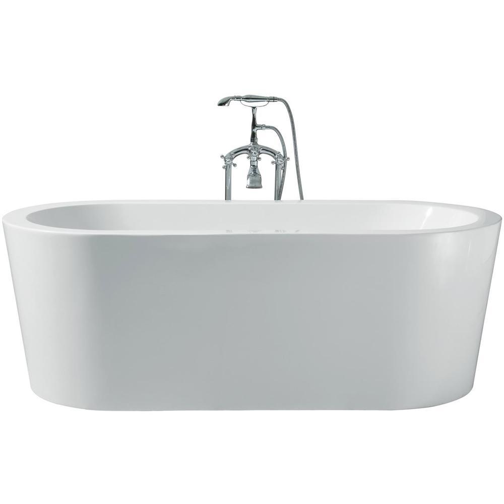 70 in. Acrylic Center Drain Oval Flat Bottom Freestanding Bathtub in White - Super Arbor