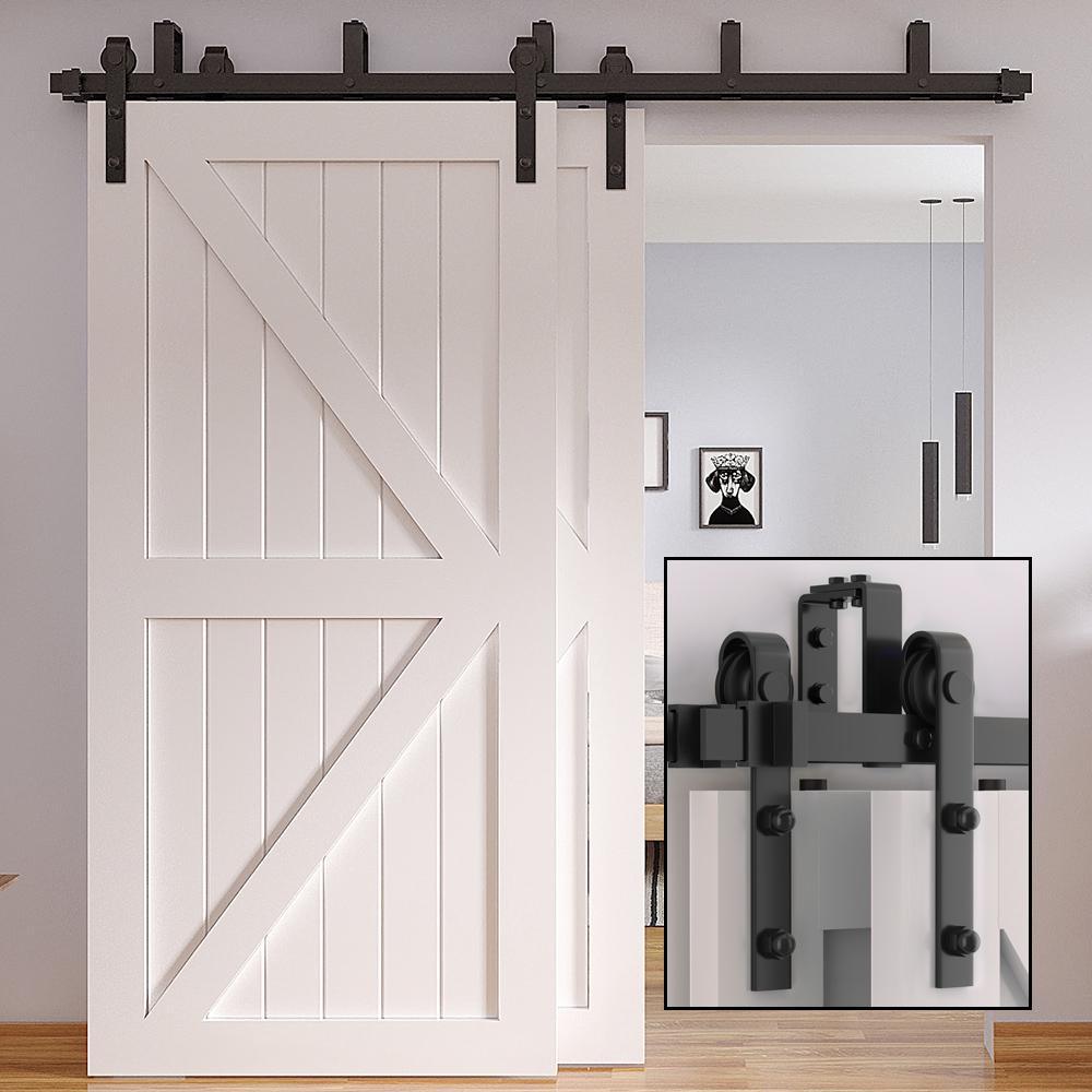 8 ft./96 in. Frosted Black Heavy-Duty Bypass Double Door Sliding Barn Door Hardware Classic Design Roller - Super Arbor