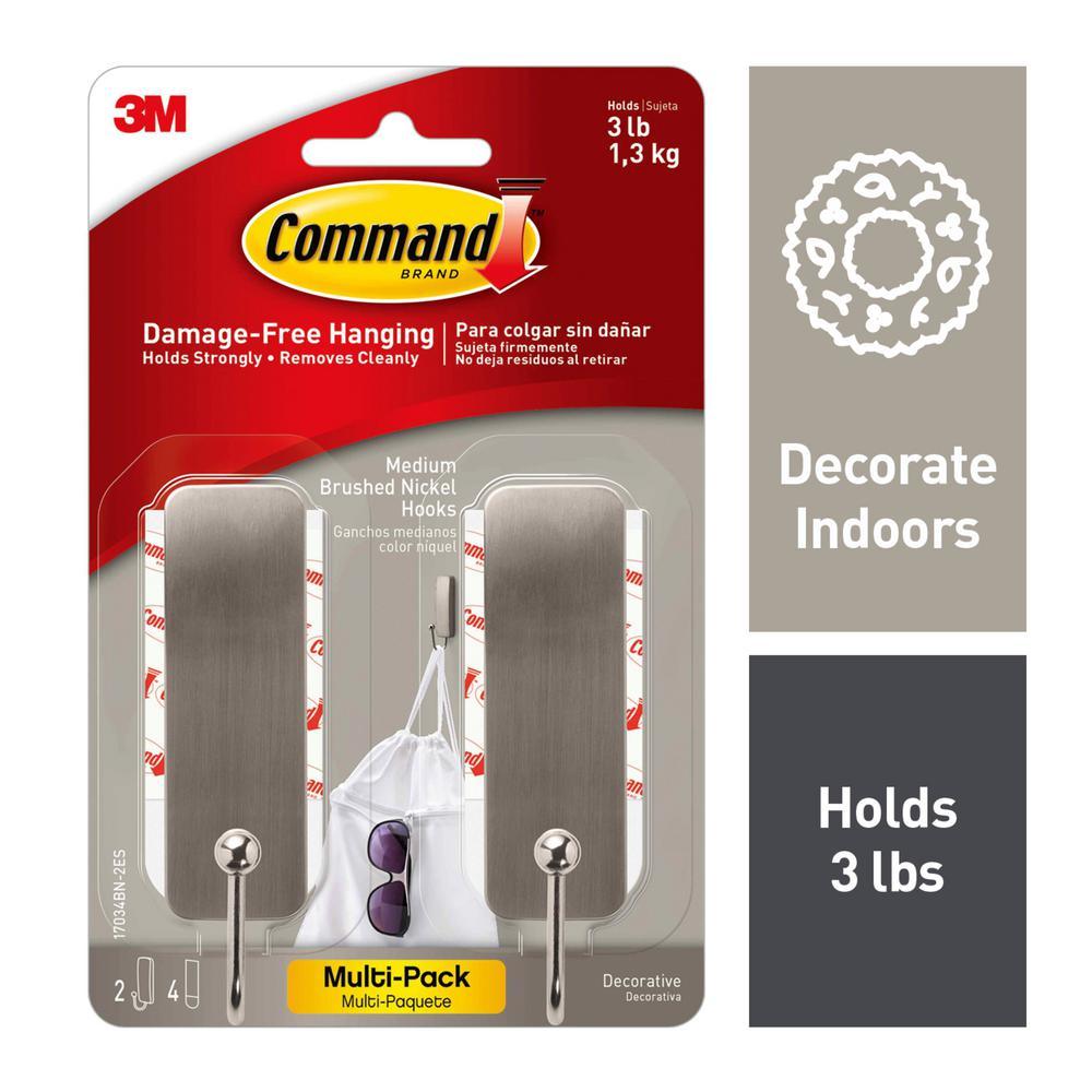 Medium Brushed Nickel Hooks (2-Hooks and 4-Adhesive Strips) - Super Arbor