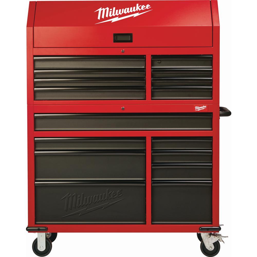 46 in. 16-Drawer Steel Tool Chest and Rolling Cabinet Set, Textured Red and Black Matte - Super Arbor