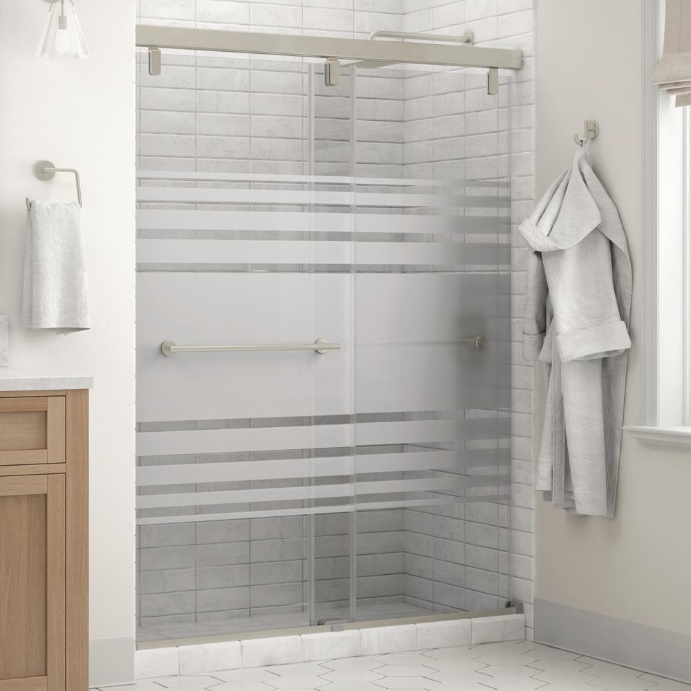 Lyndall 60 x 71-1/2 in. Frameless Mod Soft-Close Sliding Shower Door in Nickel with 1/4 in. (6mm) Transition Glass - Super Arbor