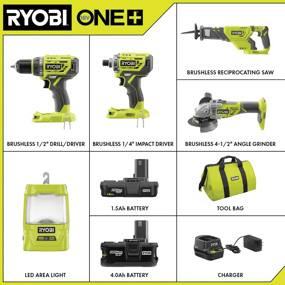 RYOBI ONE+ 18V Brushless Cordless 5-Tool Combo Kit with (1) 1.5 Ah Battery, (1) 4.0 Ah Battery, Charger, and Bag