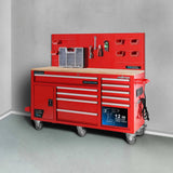 62 in. 10-Drawer Tool Chest Cabinet with Pegboard Back Wall Heavy-Duty Mobile Workbench in Red - Super Arbor